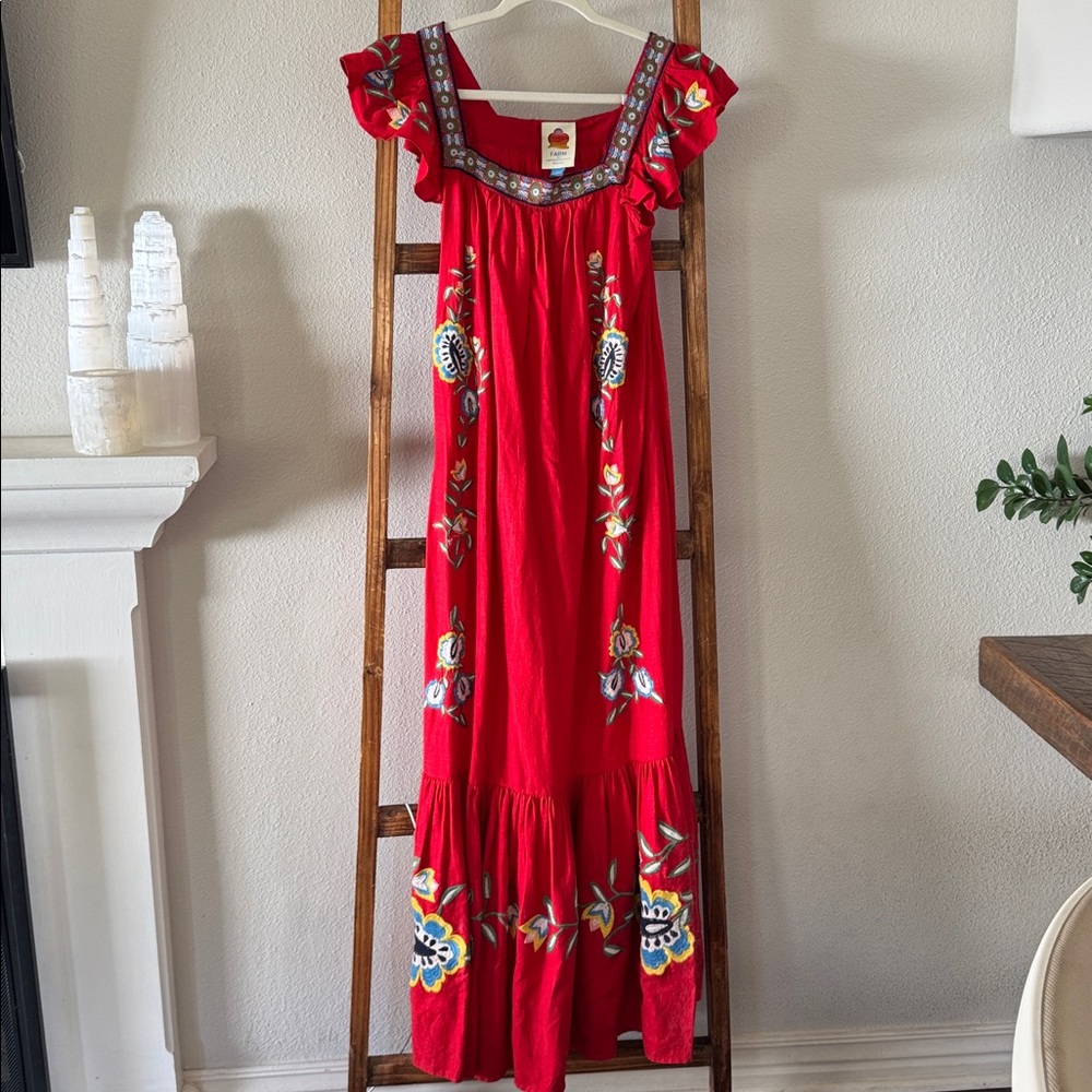 FARM Rio Vibrant Red Dress with Floral Embroidery